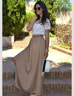 Beige maxi skirt outfit, Denim skirt: Skirt Outfits,  Maxi dress,  Casual Outfits  