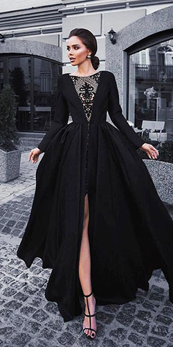Black dress lovely with side slit: Wedding dress,  Evening gown,  Formal wear,  Black Dress Outfits,  black dress  