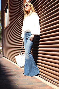 Flared jeans white off shoulder: blue jeans outfit,  Wide-Leg Jeans,  Beige Jeans  