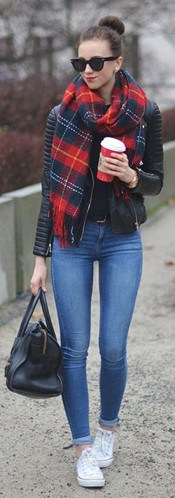Get more ideas on minimal outfits, Casual wear: High-Heeled Shoe,  Leather jacket,  Scarves Outfits  