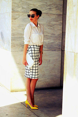 Suggestions for nice and best checkered pencil skirt, Pencil skirt: High-Heeled Shoe,  Pencil skirt,  Casual Outfits,  Yellow Shoes  