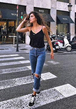 Black spaghetti strap top outfit: Ripped Jeans,  Spaghetti strap,  Crop top,  tank top  