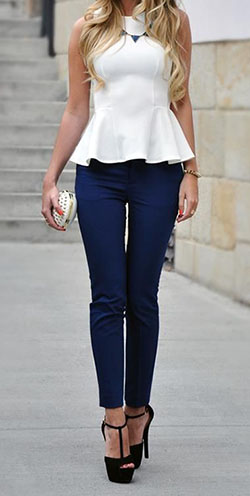 Peplum top and skinny jeans: blue jeans outfit,  High-Heeled Shoe,  Slim-Fit Pants,  Jeans Fashion,  Casual Outfits  