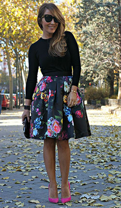 Casual wear Outfit With Midi Skirt: party outfits,  Evening gown,  High-Heeled Shoe,  Lapel pin,  Floral Skirt,  Casual Outfits,  Midi Skirt Outfit  