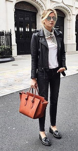 Leather jacket work outfit: Leather jacket,  Casual Outfits,  Flat Shoes Outfits,  Black Leather Jacket  
