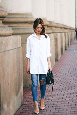 Long white shirt outfit, Dress shirt: blue jeans outfit,  shirts,  Casual Outfits,  White Shirt  