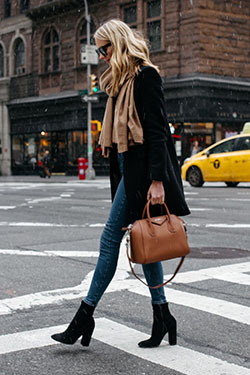 Brown bag black boots, Slim-fit pants: Slim-Fit Pants,  Boot Outfits,  winter outfits  