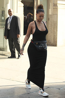 Rihanna black dress gucci bag: Fanny pack,  Rihanna Style  