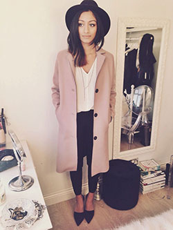 Pastel pink and black outfit: Trench coat,  winter outfits  