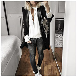 Black leather jacket white top black jeans white shoes: Leather jacket,  College Outfit Ideas,  Anine Bing,  Casual Outfits  