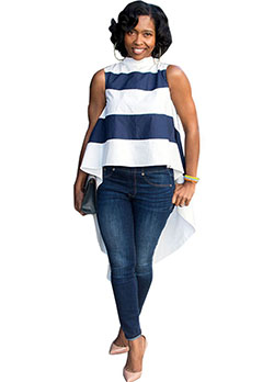Blue Slim-fit Jeans with Cold Shoulder Striped Top Outfits for Summer: blue jeans outfit  