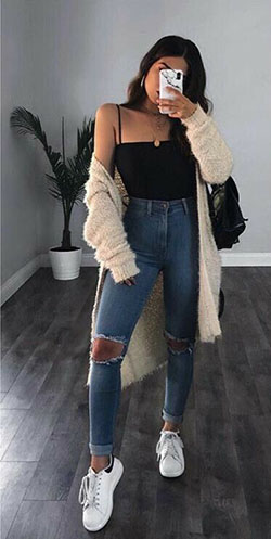 Fashion ideas to try trendy outfits, Casual wear: Ripped Jeans,  winter outfits,  Business casual,  tank top,  Street Style  