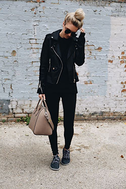 Stylish Sneakers outfit: Leather jacket,  Sports shoes,  Sneakers Outfit  
