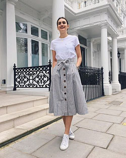 Grey and white striped skirt: shirts,  Skirt Outfits,  Casual Outfits  