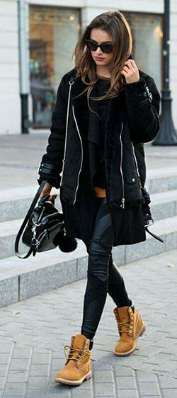 Black timberland boots on women: Boot Outfits,  Flight jacket,  Snow boot  