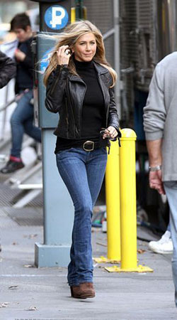 Jennifer aniston leather jacket, Jennifer Aniston: winter outfits,  Leather jacket,  Polo neck,  Jennifer Aniston,  Bootcut Jeans  