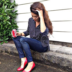 Red flats shoes outfit, Ballet flat: Business casual,  Polka dot,  Ballet flat,  Red Shoes Outfits  
