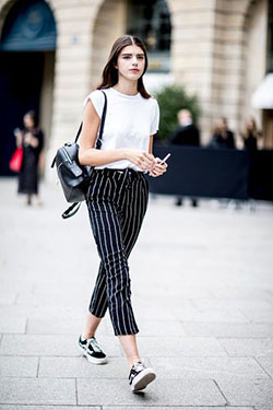 Perfect combination of striped pants outfit, Street fashion: Crop Pants Outfit,  Stripe Trousers  