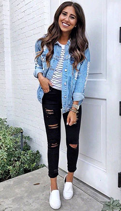 Black ripped jean outfits, Jean jacket: Ripped Jeans,  Jean jacket,  Slim-Fit Pants,  Spring Outfits,  Casual Outfits  