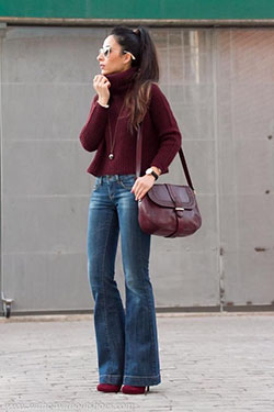 Outfits With Bootcut Jeans, Twinset Bootcut Jeans, Polo neck: Jeans Outfit,  Slim-Fit Pants,  Polo neck,  Bootcut Jeans,  Beige Jeans  