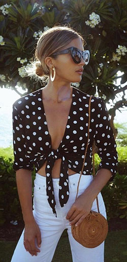 Tie front top outfit, Crop top: Crop top,  Polka dot,  Casual Outfits,  Brunch Outfit  