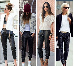 Outfit choice for jogging leather pants, Street fashion: Artificial leather,  Street Style,  Jogger Outfits  