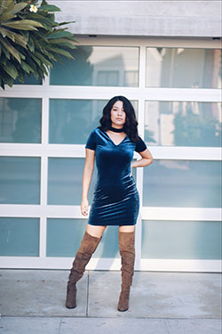 Velvet dress with high boots: High-Heeled Shoe,  Over-The-Knee Boot,  Boot Outfits,  Closet London,  Velvet Outfits  