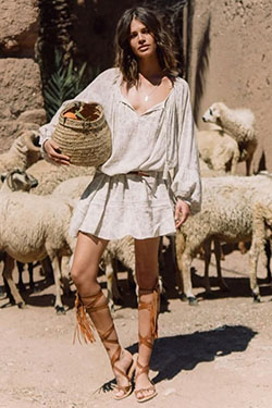 Trendy and stylish fashion model, Lionheart Mini Skirt: Bohemian style,  Gladiator Sandals Dresses  