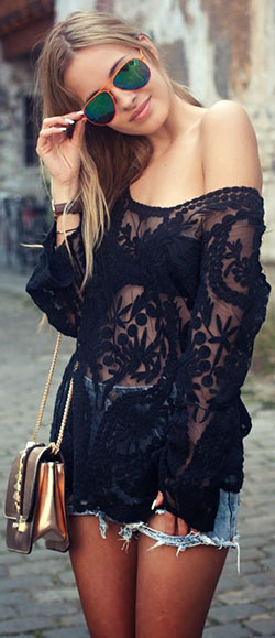 Shirt black crochet outfit, Evening gown: Wedding dress,  Evening gown,  Shorts Outfit  