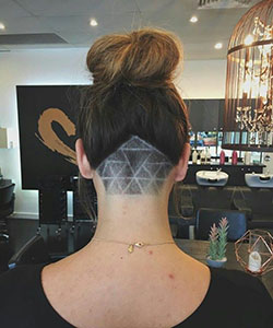 Have you seen these triangle hair tattoo: Long hair,  Hairstyle Ideas,  Cabelo cacheado,  Top knot,  Bob Hairstyles,  Buzz cut,  Hair tattoo  