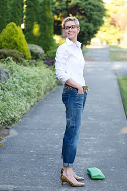 White Button Up Shirt with Blue Cuffed Jeans & Leopard Print Low Heels: 