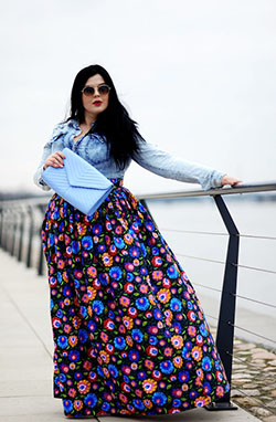 Maxifaldas con blusa de mezclilla: Denim Outfits,  Lapel pin,  Plus size outfit,  Plus-Size Model  