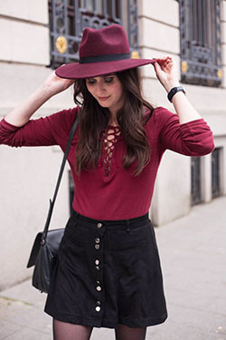 Impressive designs for burgundy hat outfit, Dress shirt: Crop top,  shirts,  Skirt Outfits,  Casual Outfits  