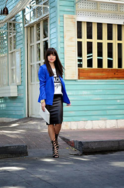 Blue Blazer Outfit Women, Pencil skirt, Navy blue: Pencil skirt,  Navy blue,  Royal blue,  Blazer Outfit,  Casual Outfits  