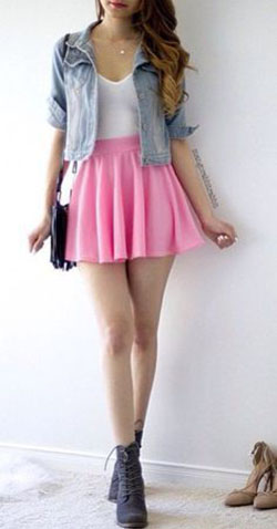 Party Outfit with pink skirt, Casual wear: Crop top,  Jean jacket,  Skater Skirt,  Casual Outfits,  Mini Skirt Outfit  