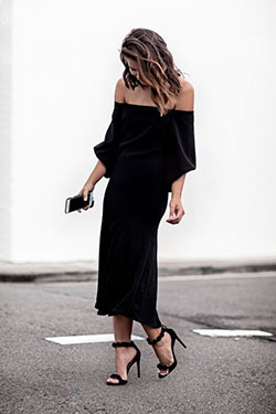 Black dress outfit in heels: High-Heeled Shoe,  Slip dress,  Casual Outfits,  Night Out Outfits  