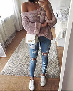 Jeans and sneakers outfit winter: Ripped Jeans,  Slim-Fit Pants,  Casual Outfits,  School Outfits 2020  