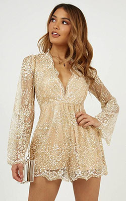 Stylish Classy Cocktail Outfit For Women I Could Use A Love Song Playsuit In Rose Gold Glitter Produced By SHOWPO: party outfits,  Sequin For Parties,  Sequin For Date,  Sequin For Clubbing  