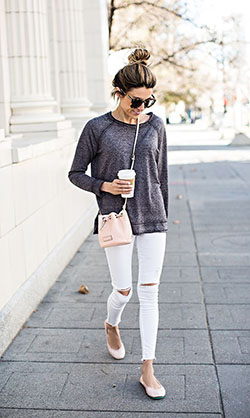 Pink bucket bag outfit, Casual wear: Ballet flat,  Street Style,  Casual Outfits,  White Denim Outfits  
