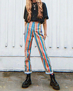 Outfit ideas for colorful striped jeans, Striped Casual Pants: Vintage clothing,  Street Style,  Pant Outfits,  Stripe Trousers  