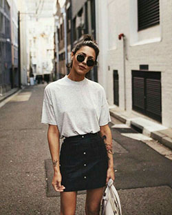 Black denim skirt outfit: Denim skirt,  shirts,  Skirt Outfits,  Casual Outfits,  summer outfits  