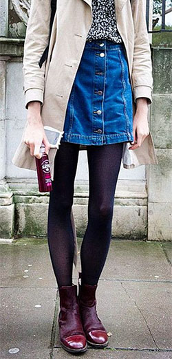 Denim skirt tights and boots: Denim skirt,  shirts,  Boot Outfits,  Skirt Outfits,  Trench coat  