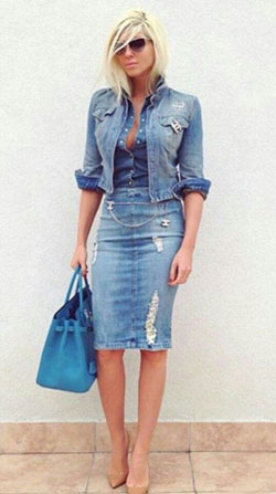 Beautiful & Stylish denim outfit, Casual wear: Denim Outfits,  Denim skirt,  Jean jacket,  shirts,  Pencil skirt,  Casual Outfits  