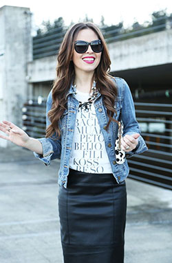 Leather skirt with denim jacket: Denim Outfits,  Jean jacket,  Pencil skirt,  Leather skirt,  Denim Jacket with Crop Top  