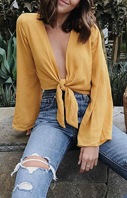 Mustard yellow crop top outfit: Crop top,  Casual Outfits,  Top Outfits,  yellow top  