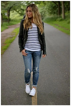 Fashionable Spring Outfit Ideas For 2020, Chuck Taylor All-Stars, Casual wear: Leather jacket,  Spring Outfits,  Fashion accessory,  Casual Outfits  