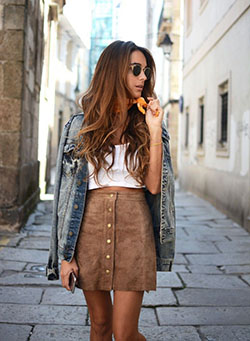 Signature style for suede skirt outfit, Jean jacket: Jean jacket,  Skirt Outfits  