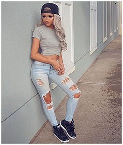 Fresh and popular white jeans outfit, Casual wear: Ripped Jeans,  Slim-Fit Pants,  Fashion Nova,  Spring Outfits,  Street Style,  Casual Outfits  