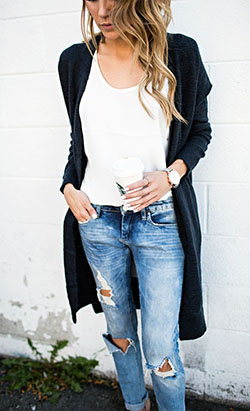 Outfit con suÃ©ter largo negro: Casual Outfits,  Long Cardigan Outfits  