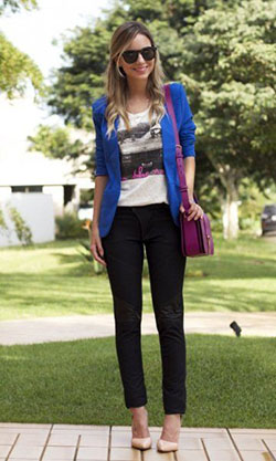 Blazer azul feminino com t shirt: Blazer Outfit  